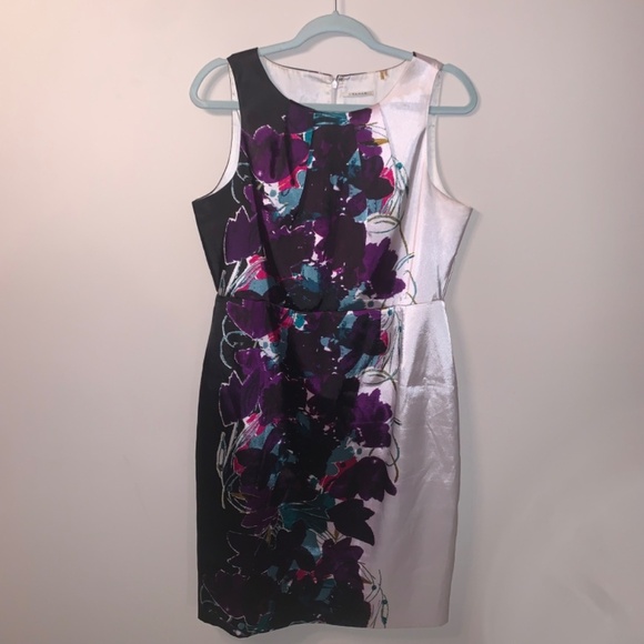 T Tahari Floral Sheath Dress Black Purple White Sleeveless 12 - Picture 2 of 10
